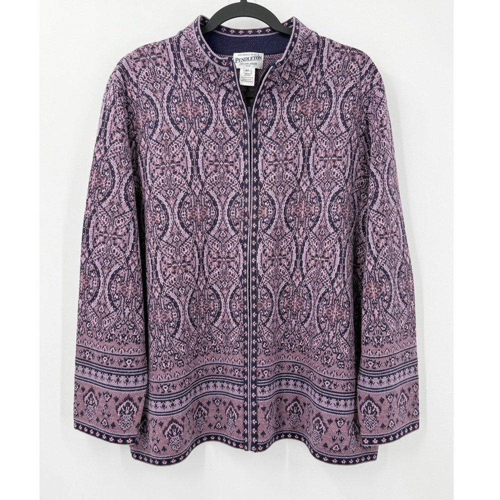 Pendleton Full Zip Cardigan Sweater Womens 2X Purple Merino Wool Office jacket